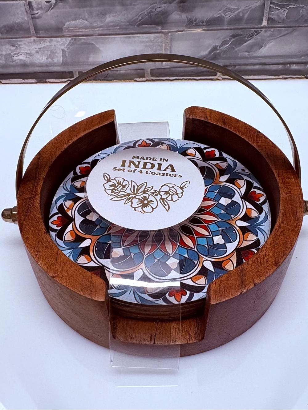 Mango Wood Set Of 6 Moroccan, Boho design Coasters With Metal Holder Stand. NWT